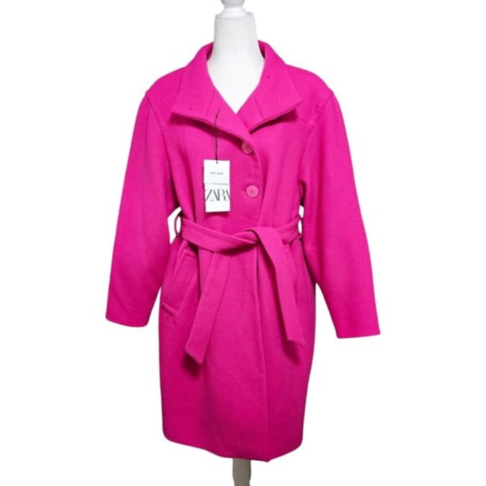 NWT Zara Hot Pink‎ Wool Blend Overcoat Belted High Neck Womens M/L Textured